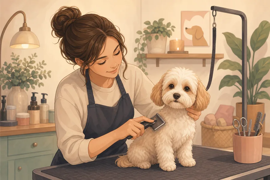 Solo groomer with a dog